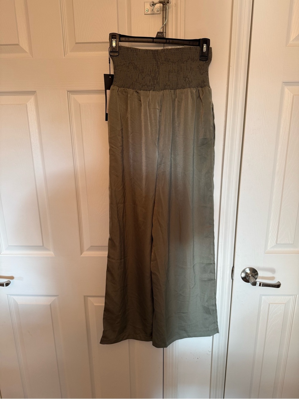 Smocked High-Waist Wide-Leg Pants in Olive